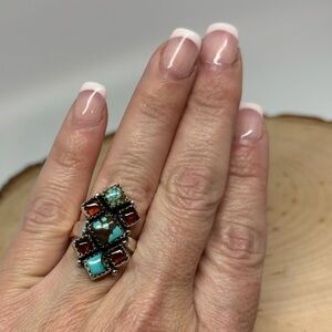 Turquoise and Amber Sterling Silver Square Cut Adjustable Ring brand New